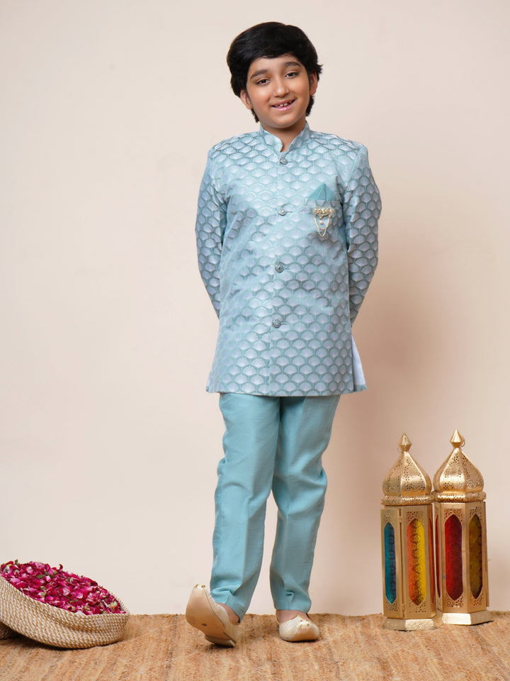 Boys Jacquard Scallop Motifs Sherwani Set with Trousers - Sky Blue | SHOBITAM