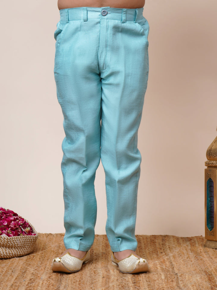 Boys Jacquard Scallop Motifs Sherwani Set with Trousers - Sky Blue | SHOBITAM