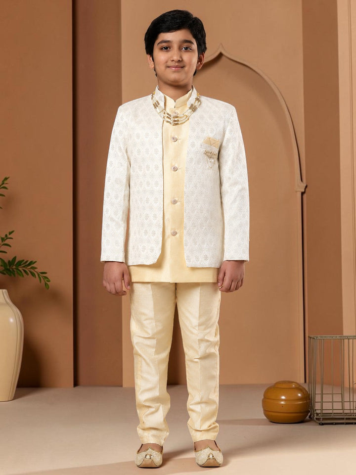 Boys Cotton Silk Diamond Buti Sequined Sherwani Set with Trousers, Jacket and Necklace - Fawn