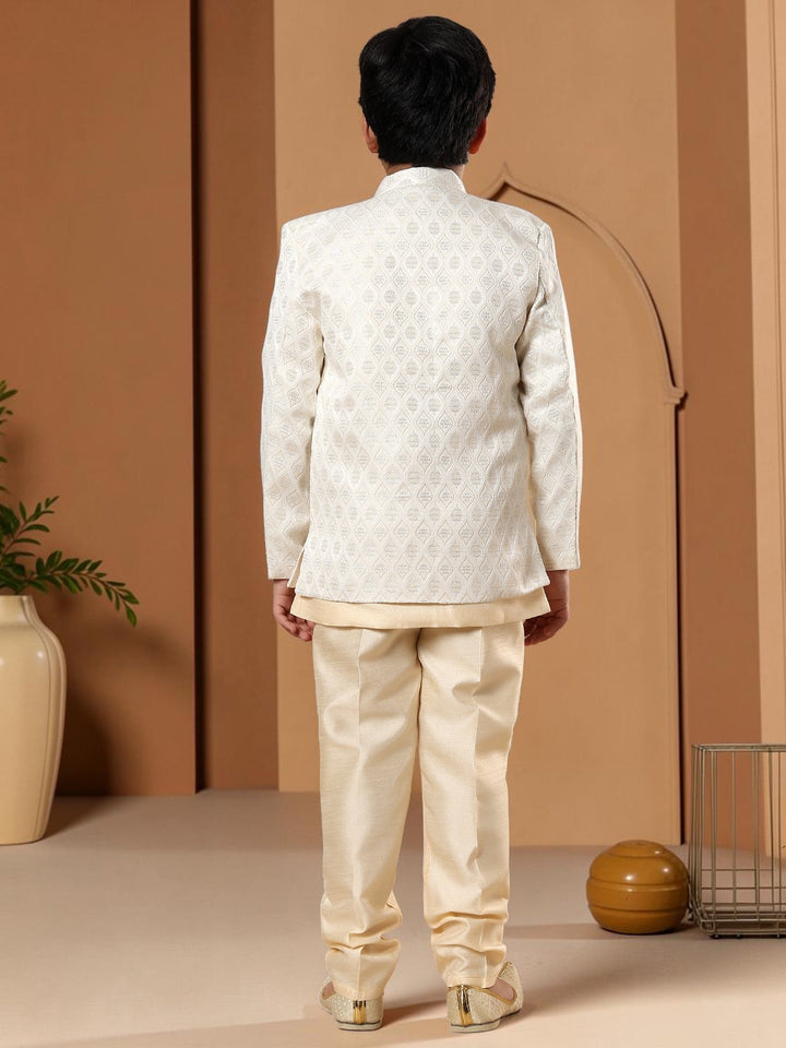 Boys Cotton Silk Diamond Buti Sequined Sherwani Set with Trousers, Jacket and Necklace - Fawn