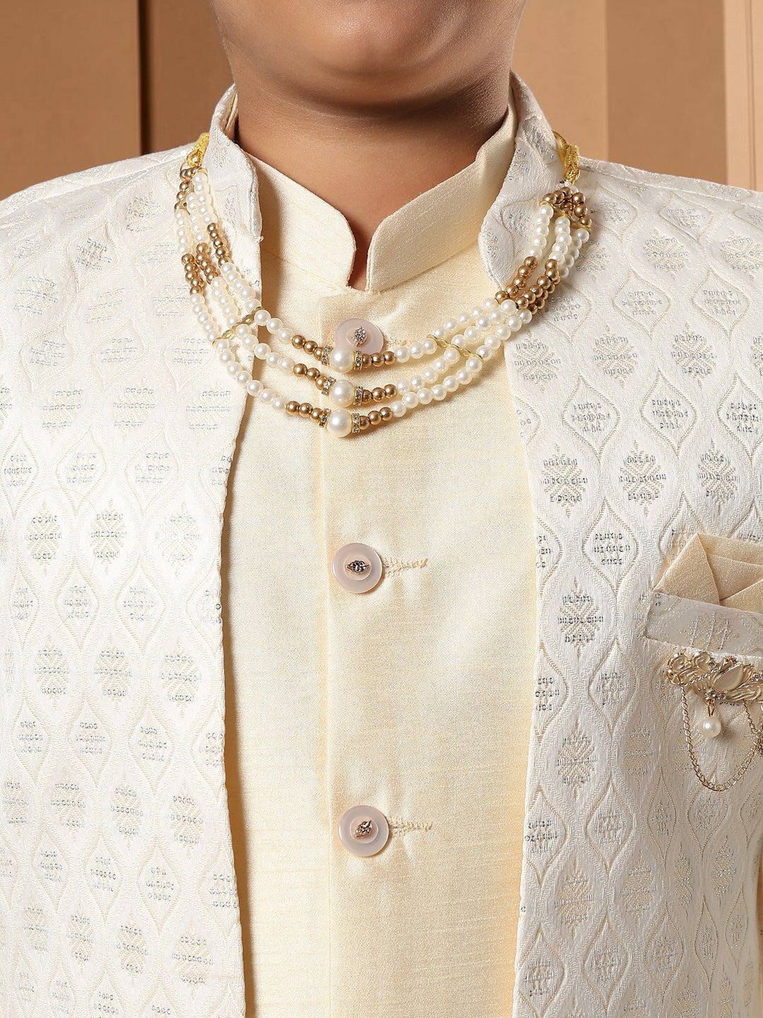 Boys Cotton Silk Diamond Buti Sequined Sherwani Set with Trousers, Jacket and Necklace - Fawn