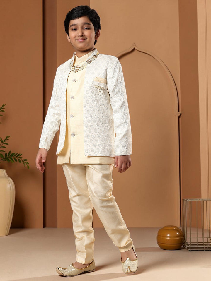 Boys Cotton Silk Diamond Buti Sequined Sherwani Set with Trousers, Jacket and Necklace - Fawn