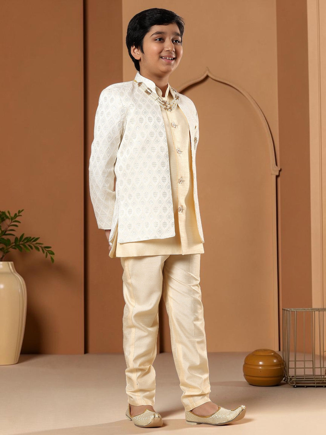 Boys Cotton Silk Diamond Buti Sequined Sherwani Set with Trousers, Jacket and Necklace - Fawn