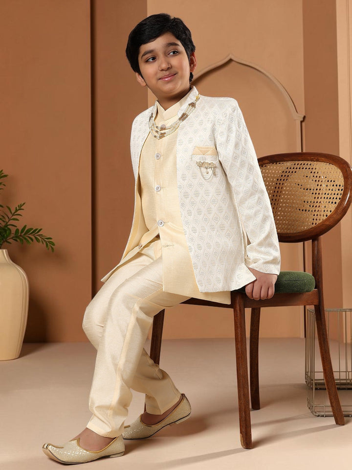 Boys Cotton Silk Diamond Buti Sequined Sherwani Set with Trousers, Jacket and Necklace - Fawn