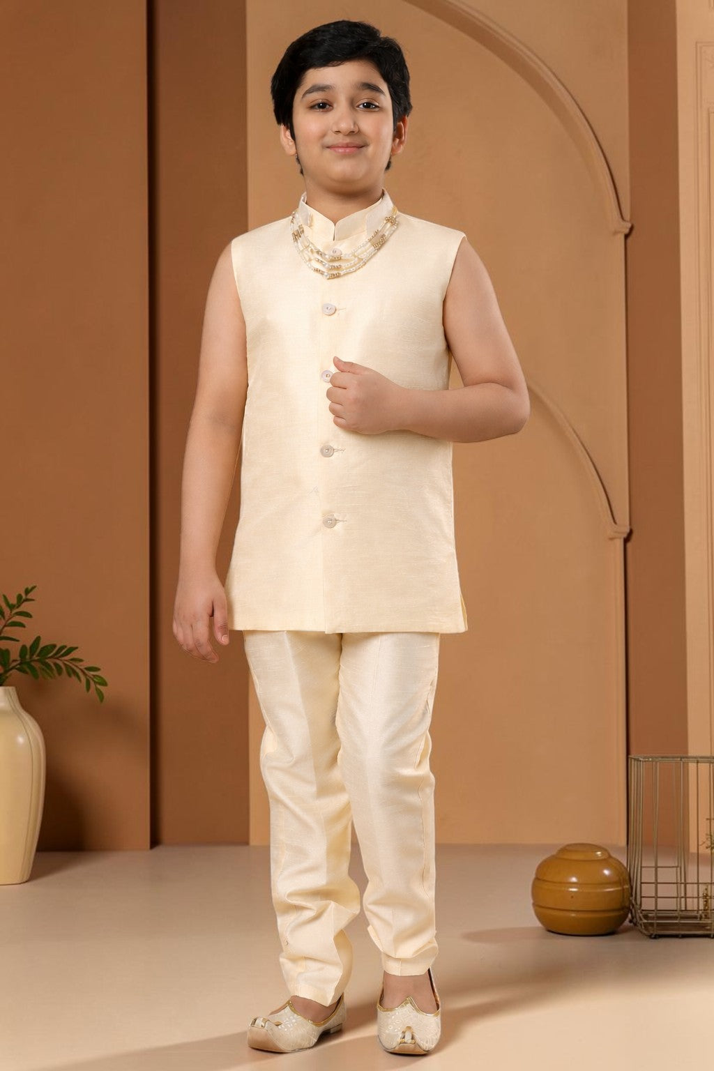 Boys Cotton Silk Diamond Buti Sequined Sherwani Set with Trousers, Jacket and Necklace - Fawn