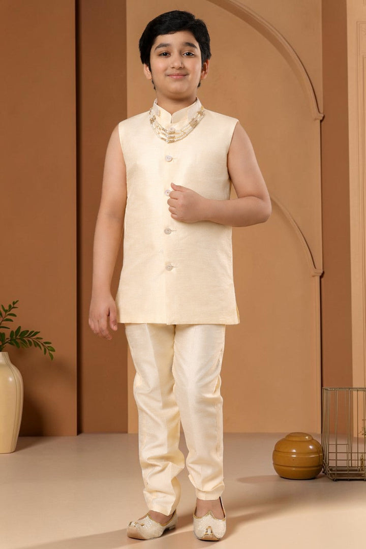 Boys Cotton Silk Diamond Buti Sequined Sherwani Set with Trousers, Jacket and Necklace - Fawn