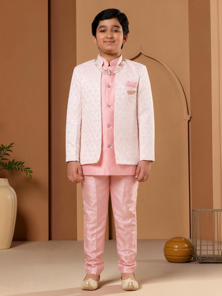 Boys Cotton Silk Diamond Buti Sequined Sherwani Set with Trousers, Jacket and Necklace - Pastel Pink | SHOBITAM