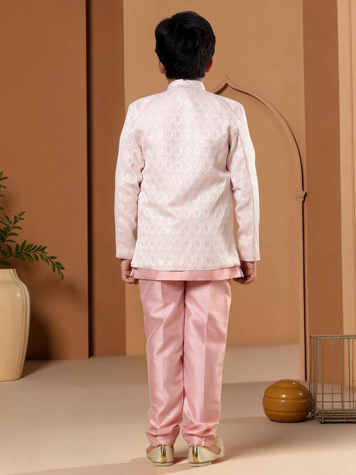 Boys Cotton Silk Diamond Buti Sequined Sherwani Set with Trousers, Jacket and Necklace - Pastel Pink | SHOBITAM