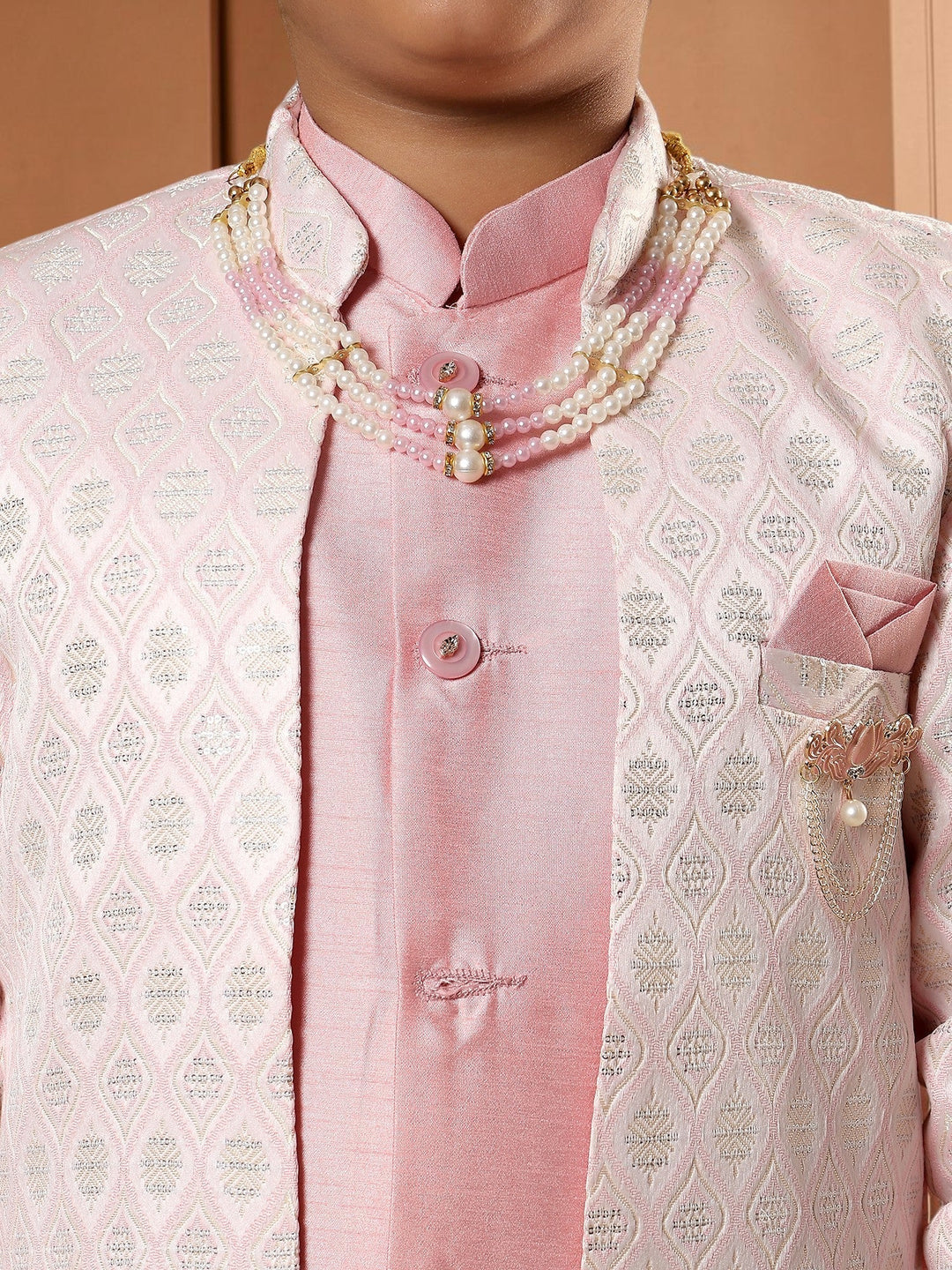 Boys Cotton Silk Diamond Buti Sequined Sherwani Set with Trousers, Jacket and Necklace - Pastel Pink | SHOBITAM