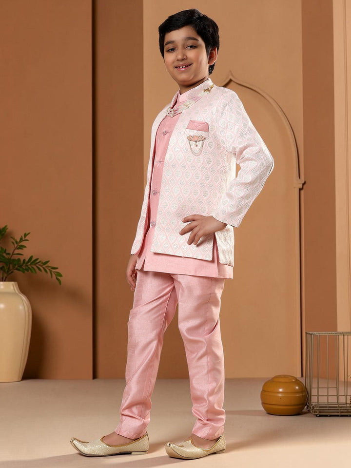 Boys Cotton Silk Diamond Buti Sequined Sherwani Set with Trousers, Jacket and Necklace - Pastel Pink | SHOBITAM