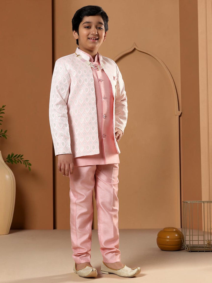 Boys Cotton Silk Diamond Buti Sequined Sherwani Set with Trousers, Jacket and Necklace - Pastel Pink | SHOBITAM