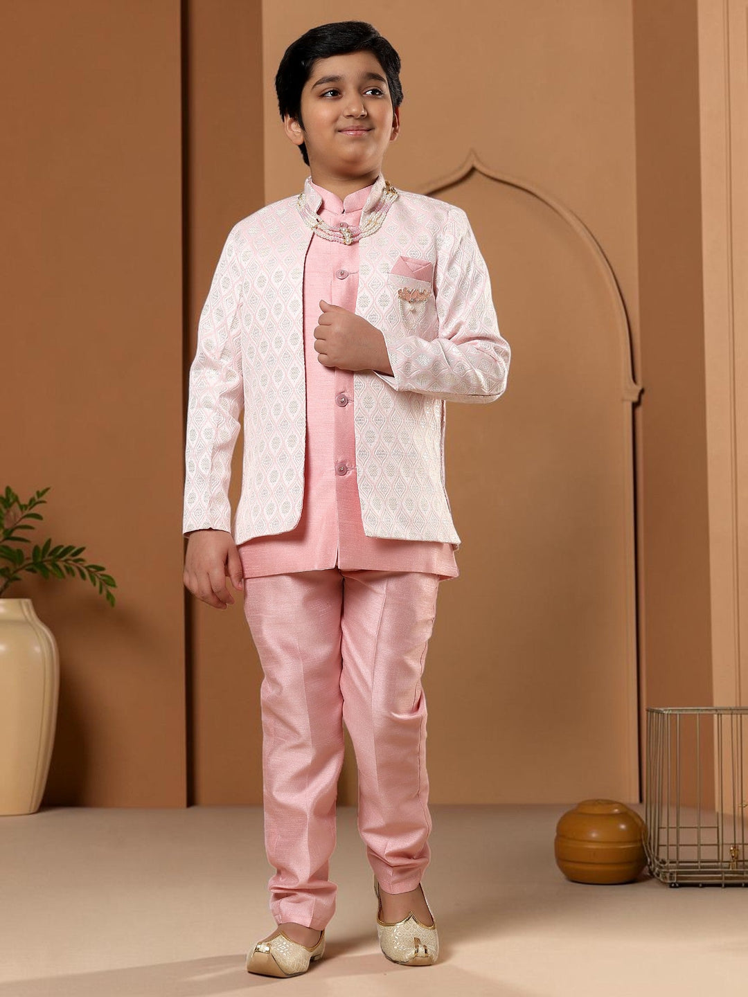 Boys Cotton Silk Diamond Buti Sequined Sherwani Set with Trousers, Jacket and Necklace - Pastel Pink | SHOBITAM