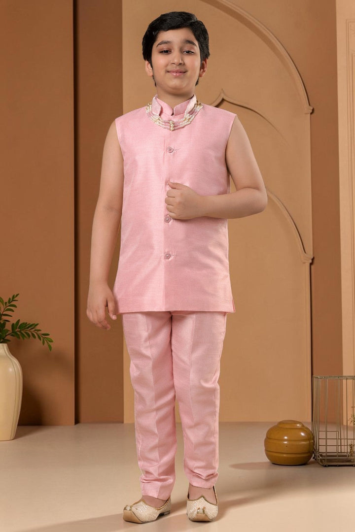 Boys Cotton Silk Diamond Buti Sequined Sherwani Set with Trousers, Jacket and Necklace - Pastel Pink | SHOBITAM