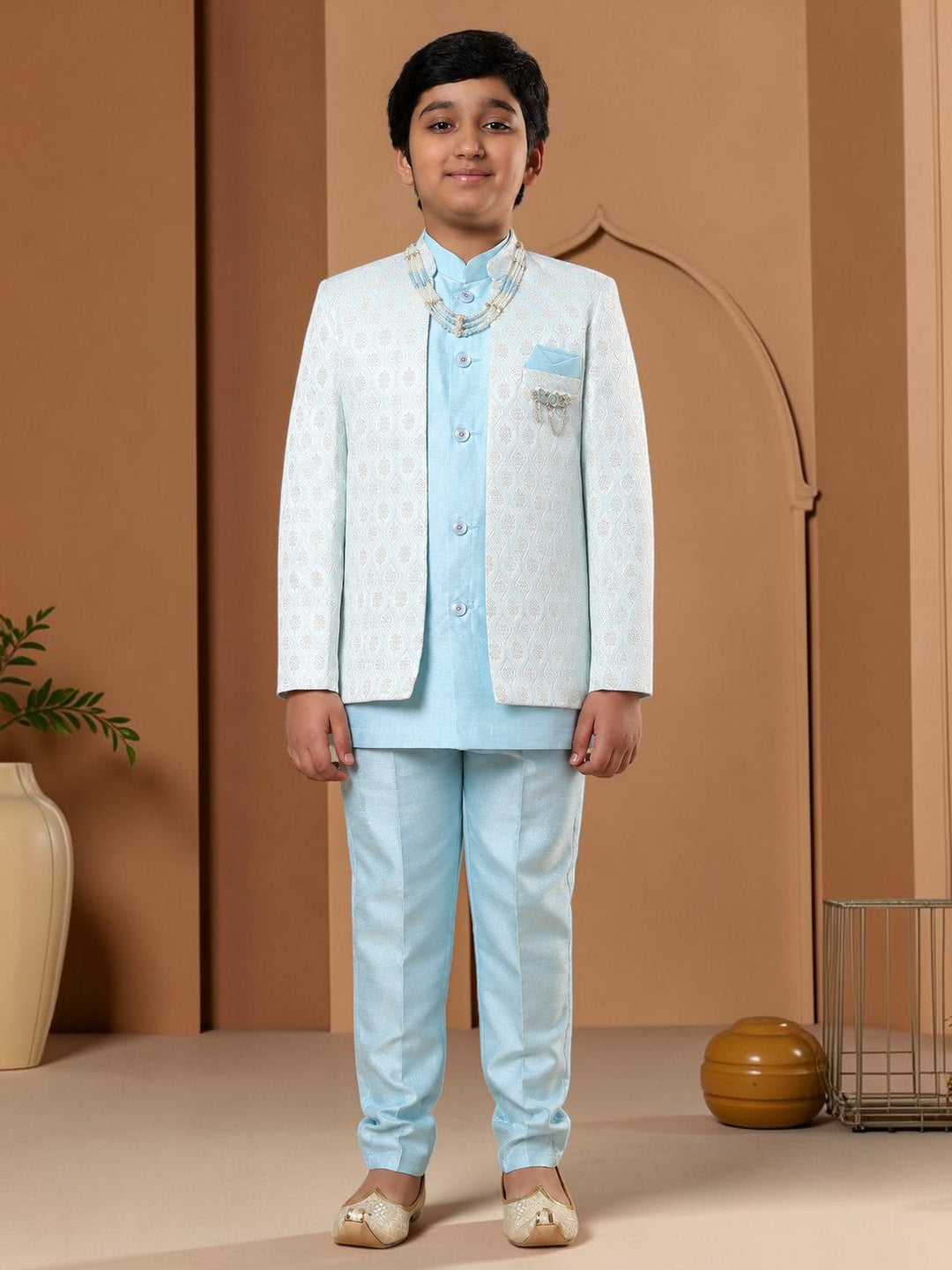 Boys Cotton Silk Diamond Buti Sequined Sherwani Set with Trousers, Jacket and Necklace - Sky Blue | SHOBITAM