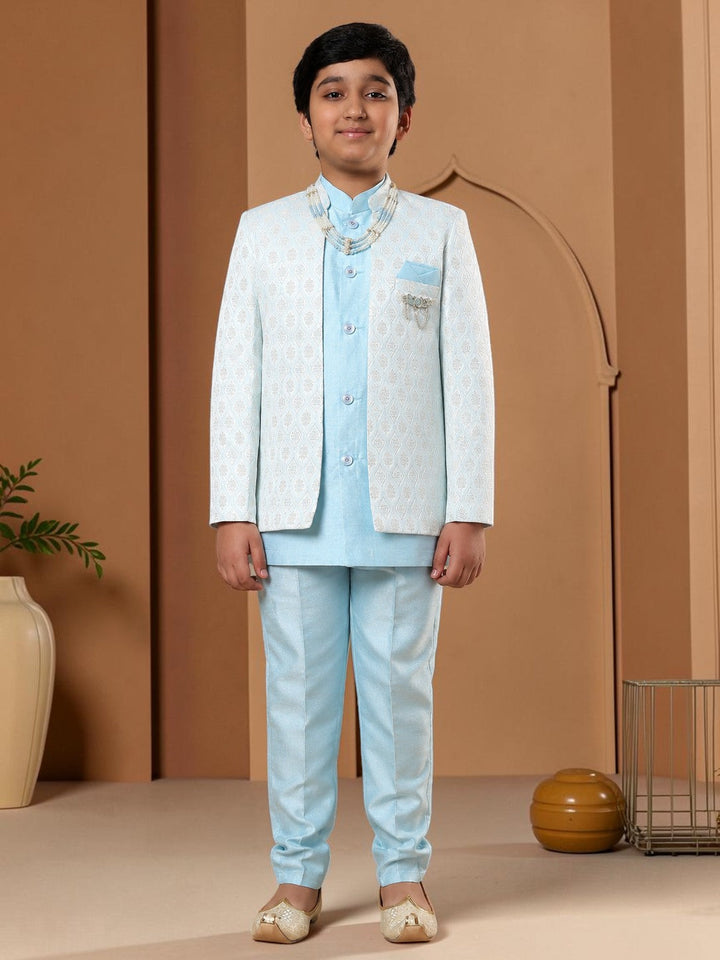 Boys Cotton Silk Diamond Buti Sequined Sherwani Set with Trousers, Jacket and Necklace - Sky Blue | SHOBITAM