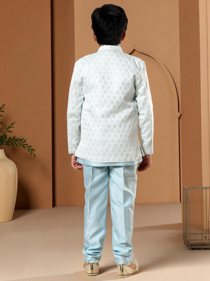 Boys Cotton Silk Diamond Buti Sequined Sherwani Set with Trousers, Jacket and Necklace - Sky Blue | SHOBITAM