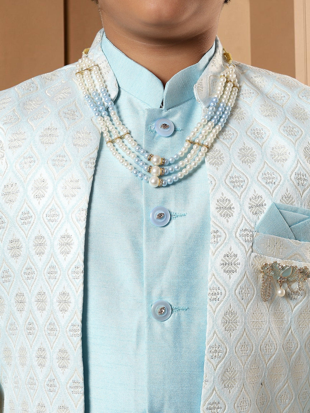 Boys Cotton Silk Diamond Buti Sequined Sherwani Set with Trousers, Jacket and Necklace - Sky Blue | SHOBITAM