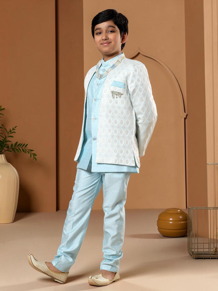Boys Cotton Silk Diamond Buti Sequined Sherwani Set with Trousers, Jacket and Necklace - Sky Blue | SHOBITAM