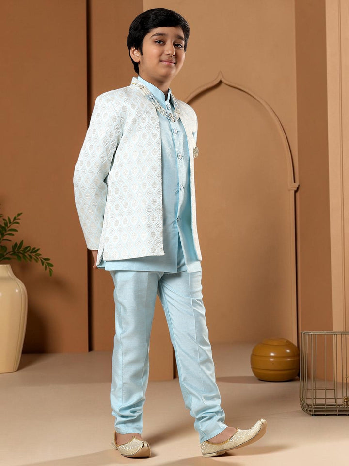 Boys Cotton Silk Diamond Buti Sequined Sherwani Set with Trousers, Jacket and Necklace - Sky Blue | SHOBITAM