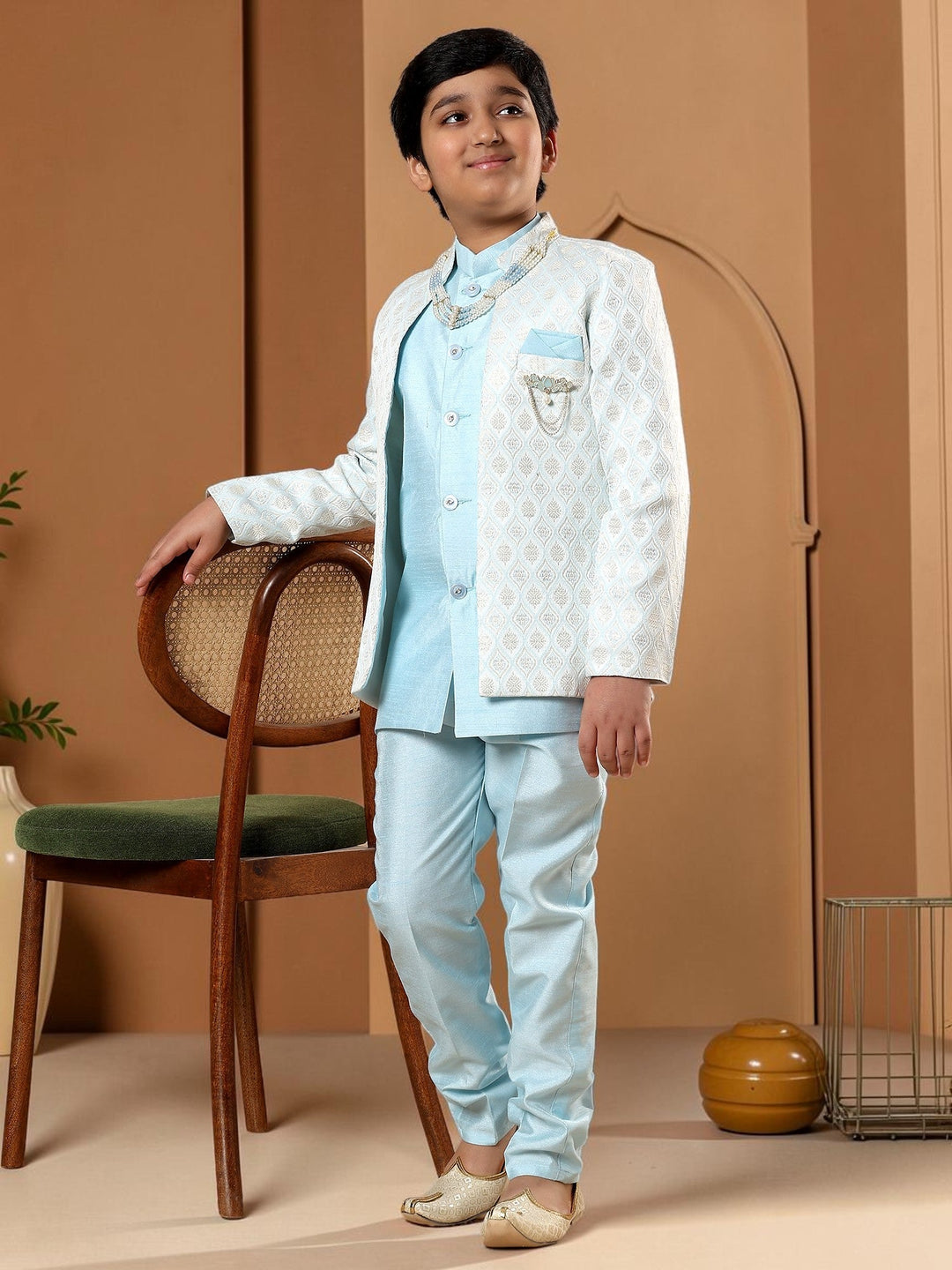 Boys Cotton Silk Diamond Buti Sequined Sherwani Set with Trousers, Jacket and Necklace - Sky Blue | SHOBITAM