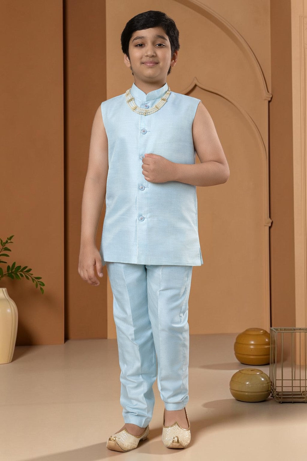 Boys Cotton Silk Diamond Buti Sequined Sherwani Set with Trousers, Jacket and Necklace - Sky Blue | SHOBITAM