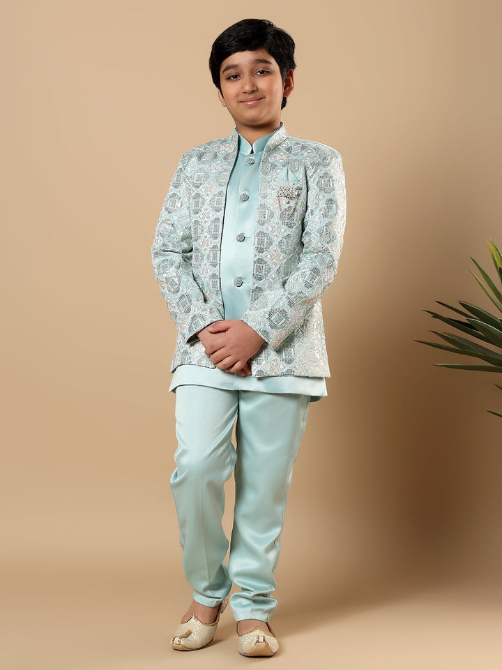 Boys Satin Geometric Diamond Jaal Embroidered Sequined Sherwani Set with Trousers and Jacket - Aqua Blue | SHOBITAM