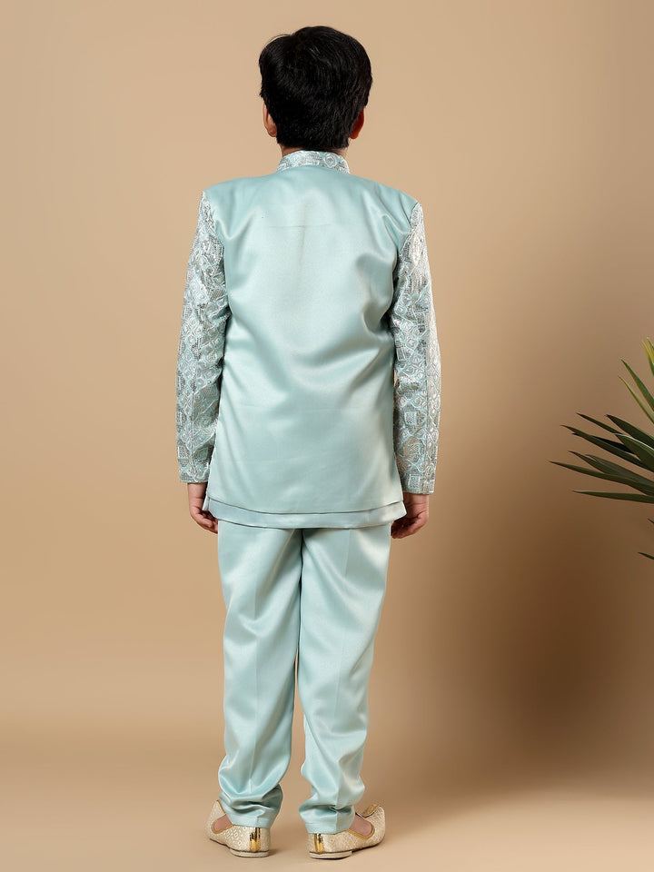 Boys Satin Geometric Diamond Jaal Embroidered Sequined Sherwani Set with Trousers and Jacket - Aqua Blue | SHOBITAM