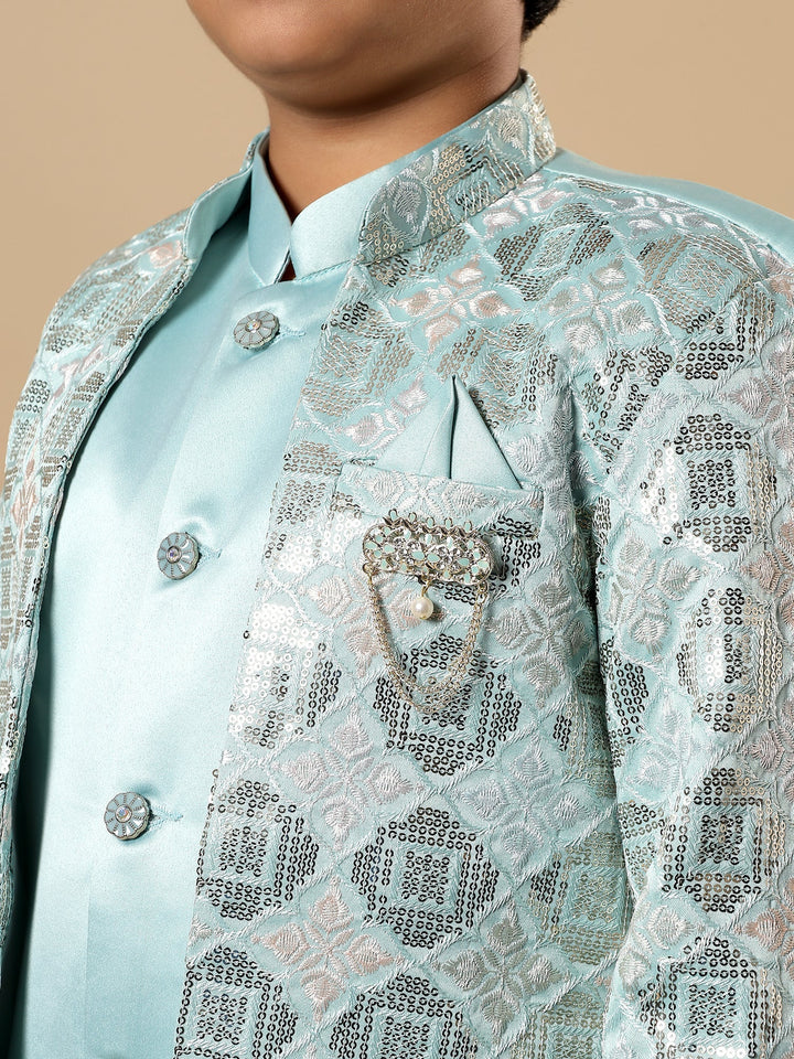 Boys Satin Geometric Diamond Jaal Embroidered Sequined Sherwani Set with Trousers and Jacket - Aqua Blue | SHOBITAM