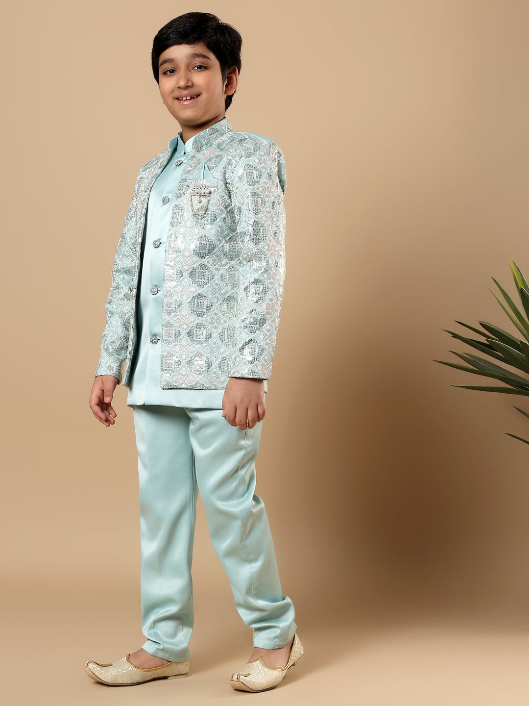 Boys Satin Geometric Diamond Jaal Embroidered Sequined Sherwani Set with Trousers and Jacket - Aqua Blue | SHOBITAM