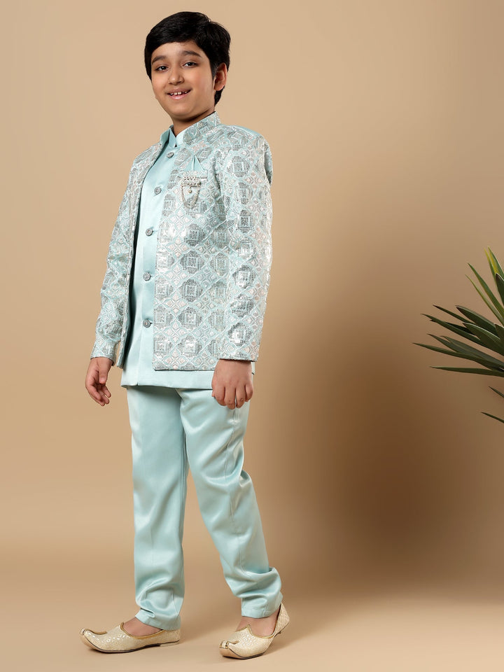Boys Satin Geometric Diamond Jaal Embroidered Sequined Sherwani Set with Trousers and Jacket - Aqua Blue | SHOBITAM