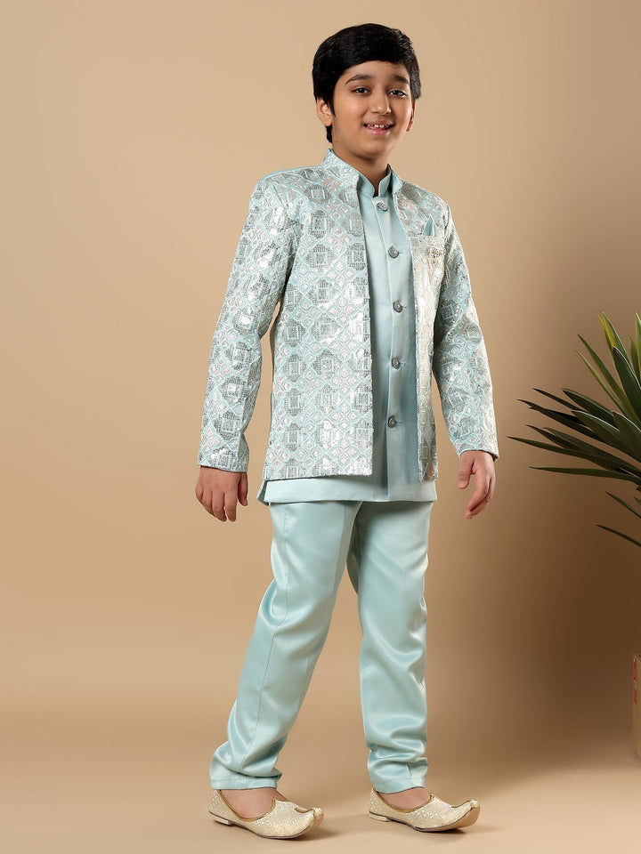 Boys Satin Geometric Diamond Jaal Embroidered Sequined Sherwani Set with Trousers and Jacket - Aqua Blue | SHOBITAM