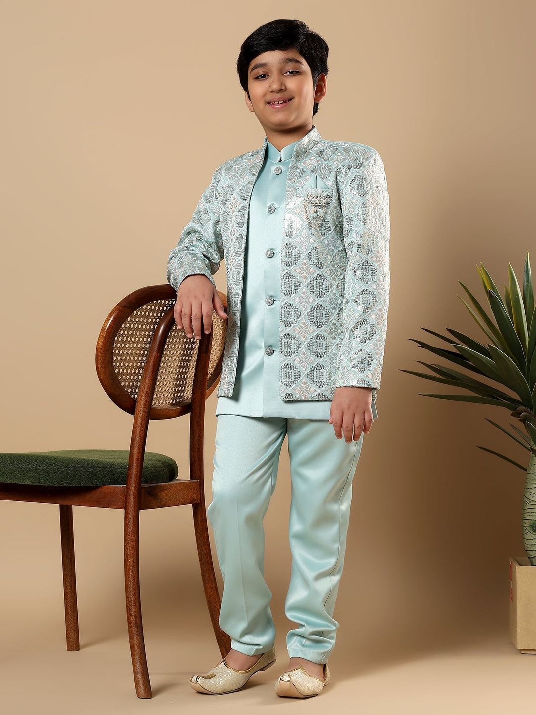 Boys Satin Geometric Diamond Jaal Embroidered Sequined Sherwani Set with Trousers and Jacket - Aqua Blue | SHOBITAM