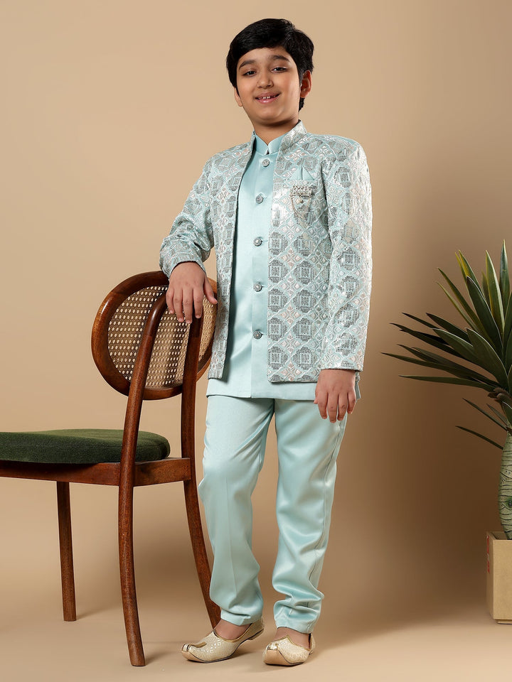 Boys Satin Geometric Diamond Jaal Embroidered Sequined Sherwani Set with Trousers and Jacket - Aqua Blue | SHOBITAM
