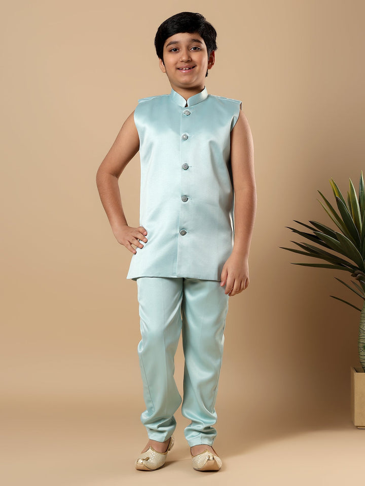 Boys Satin Geometric Diamond Jaal Embroidered Sequined Sherwani Set with Trousers and Jacket - Aqua Blue | SHOBITAM