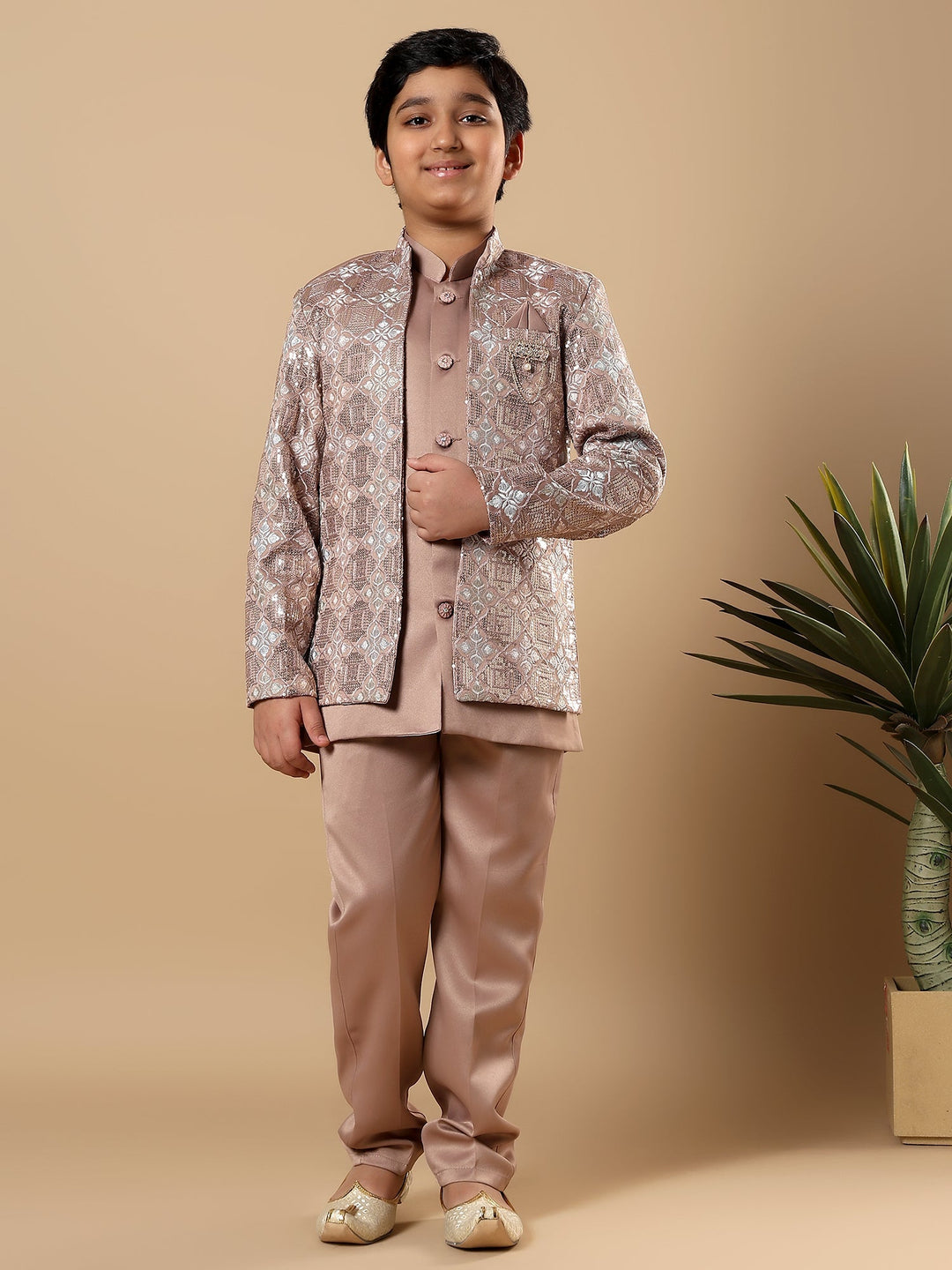 Boys Satin Geometric Diamond Jaal Embroidered Sequined Sherwani Set with Trousers and Jacket - Taupe Brown | SHOBITAM