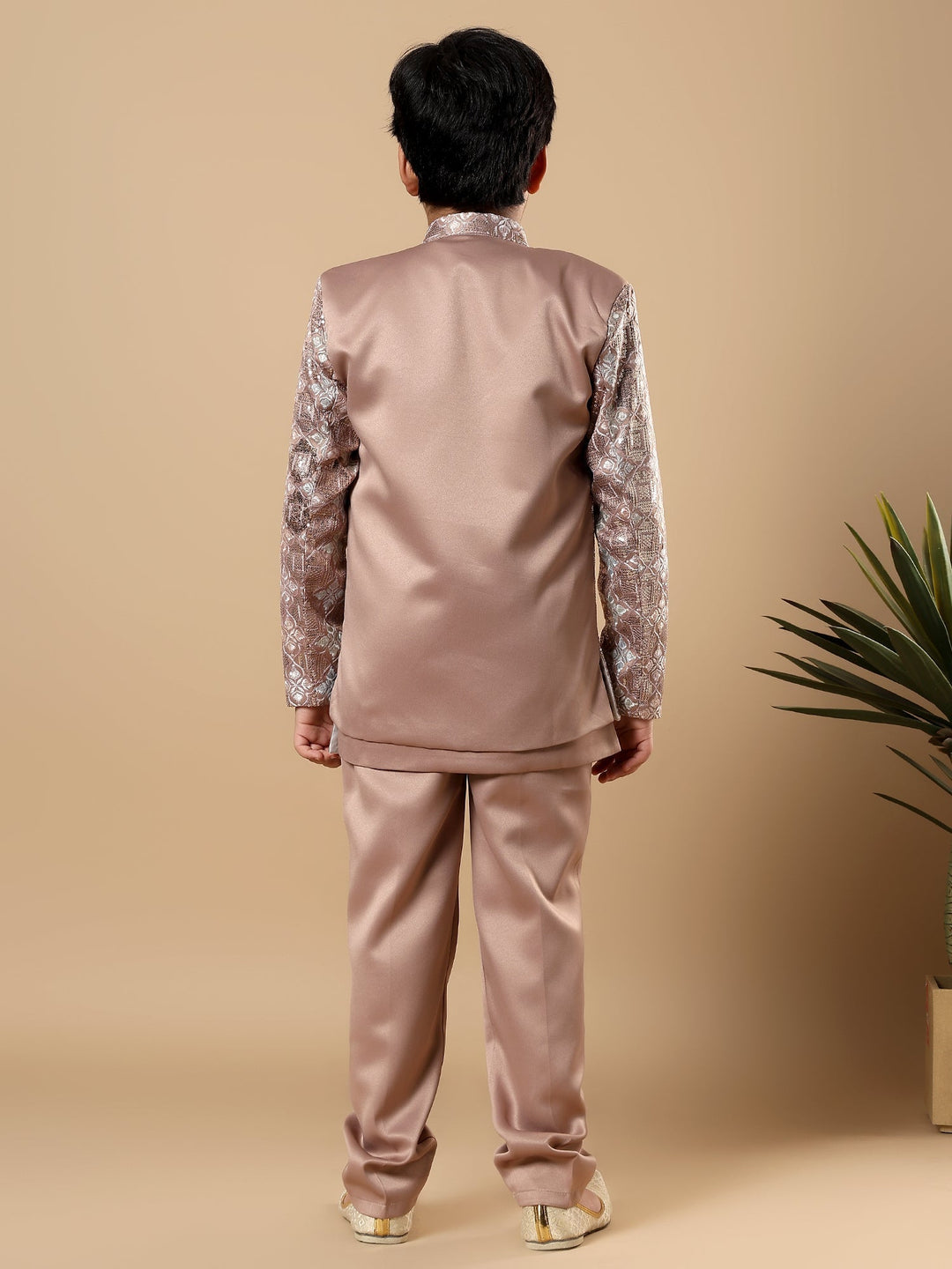 Boys Satin Geometric Diamond Jaal Embroidered Sequined Sherwani Set with Trousers and Jacket - Taupe Brown | SHOBITAM