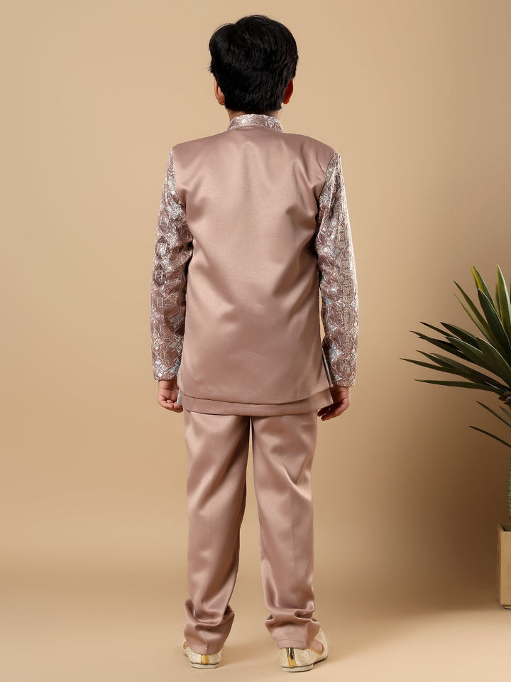 Boys Satin Geometric Diamond Jaal Embroidered Sequined Sherwani Set with Trousers and Jacket - Taupe Brown | SHOBITAM