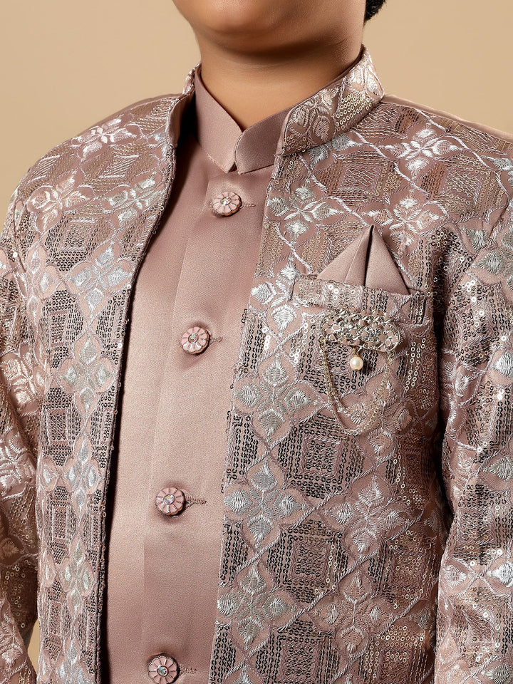 Boys Satin Geometric Diamond Jaal Embroidered Sequined Sherwani Set with Trousers and Jacket - Taupe Brown | SHOBITAM