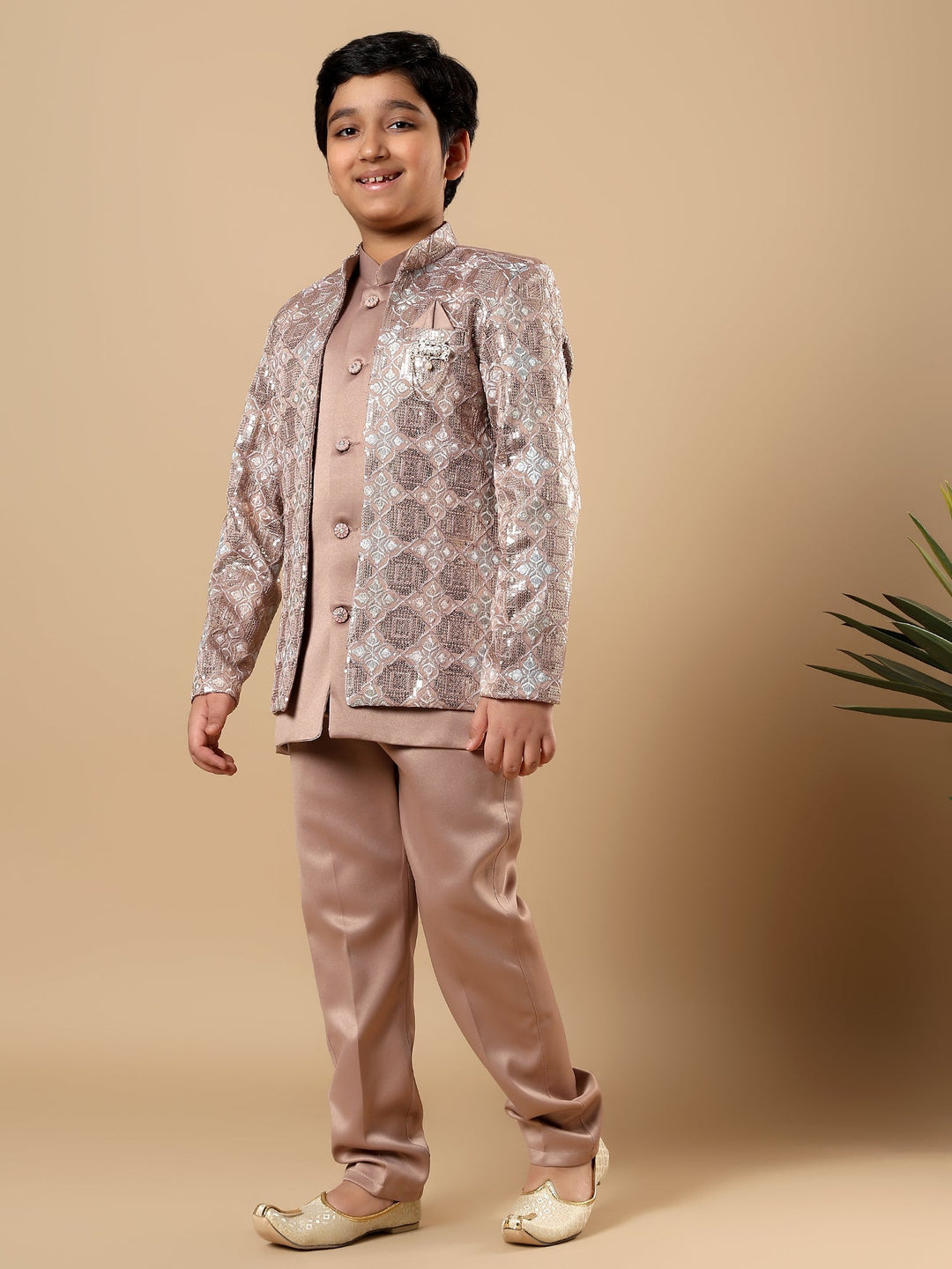 Boys Satin Geometric Diamond Jaal Embroidered Sequined Sherwani Set with Trousers and Jacket - Taupe Brown | SHOBITAM