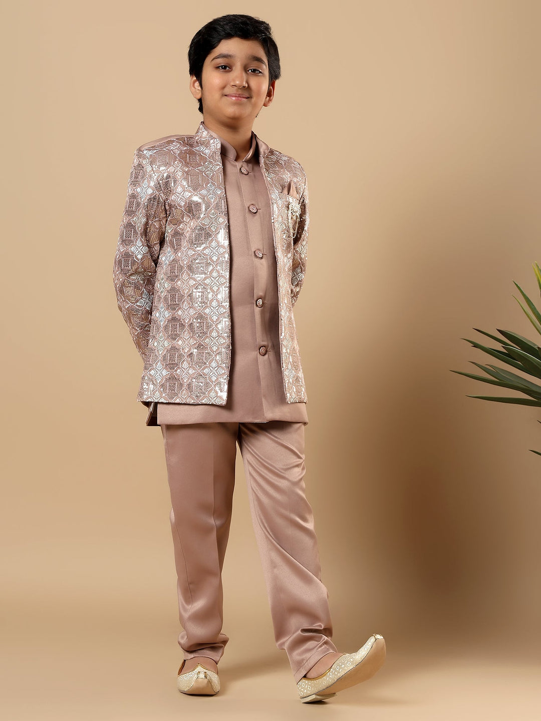 Boys Satin Geometric Diamond Jaal Embroidered Sequined Sherwani Set with Trousers and Jacket - Taupe Brown | SHOBITAM