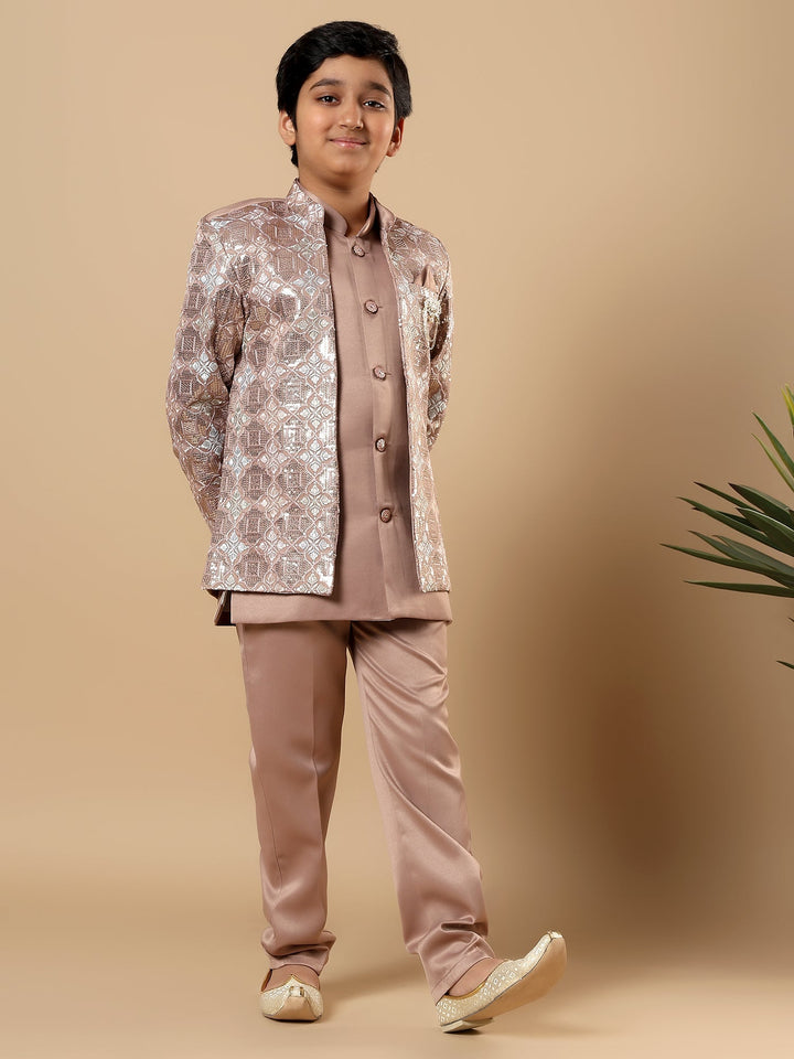 Boys Satin Geometric Diamond Jaal Embroidered Sequined Sherwani Set with Trousers and Jacket - Taupe Brown | SHOBITAM