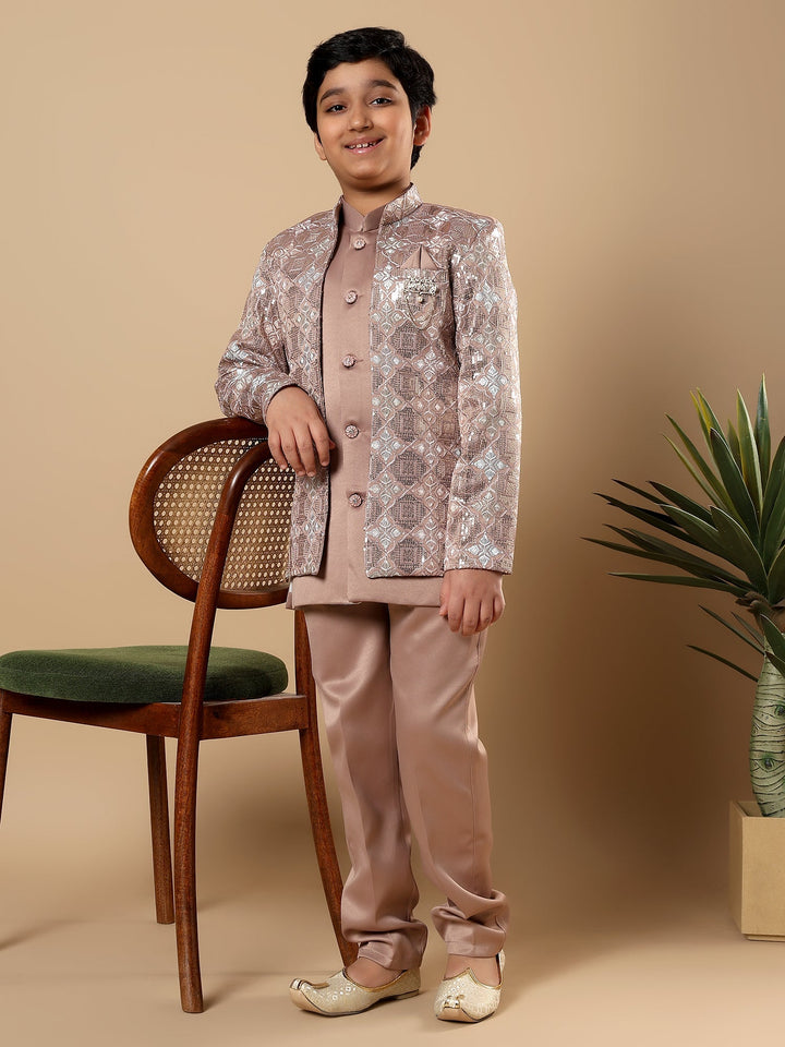 Boys Satin Geometric Diamond Jaal Embroidered Sequined Sherwani Set with Trousers and Jacket - Taupe Brown | SHOBITAM