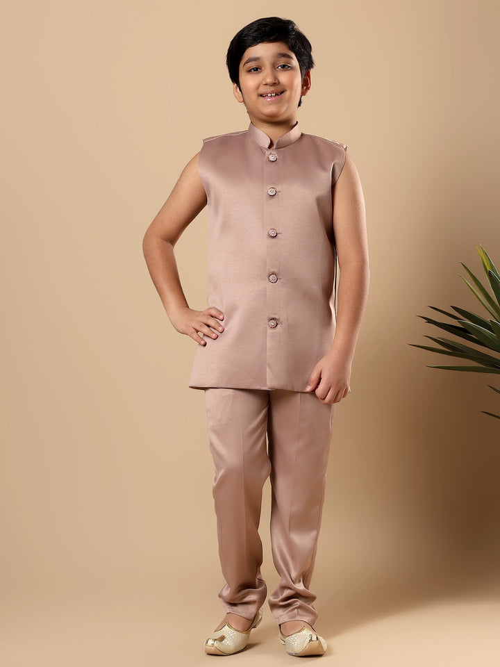 Boys Satin Geometric Diamond Jaal Embroidered Sequined Sherwani Set with Trousers and Jacket - Taupe Brown | SHOBITAM