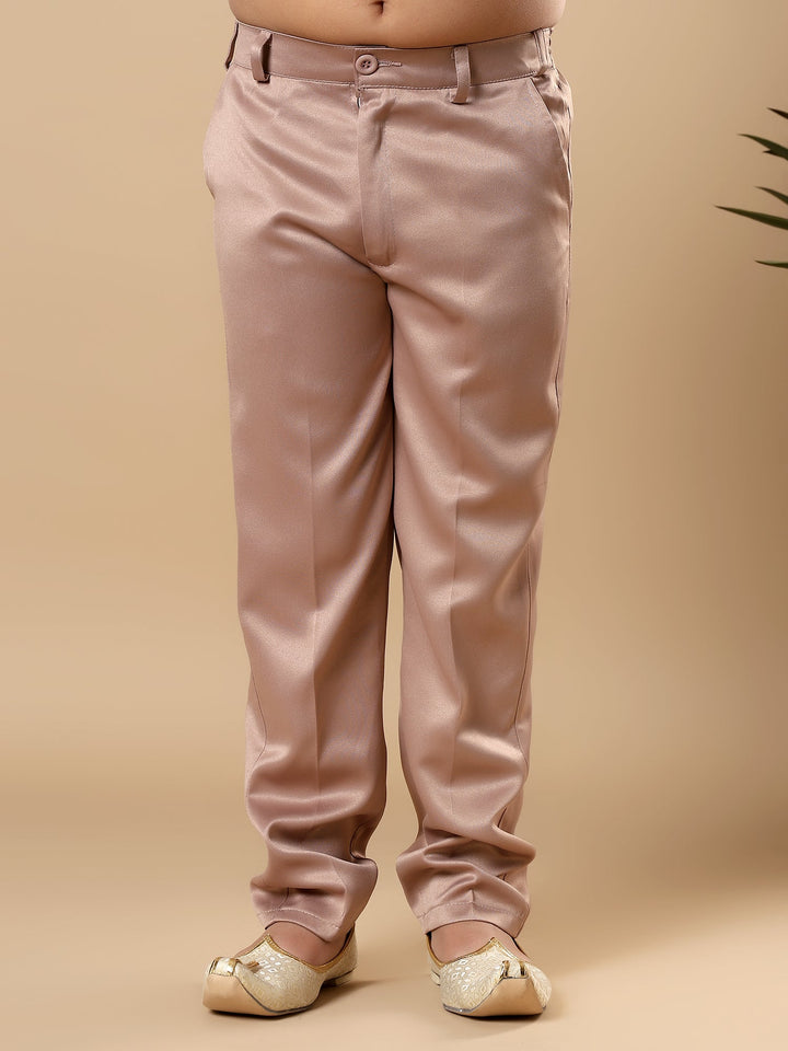 Boys Satin Geometric Diamond Jaal Embroidered Sequined Sherwani Set with Trousers and Jacket - Taupe Brown | SHOBITAM