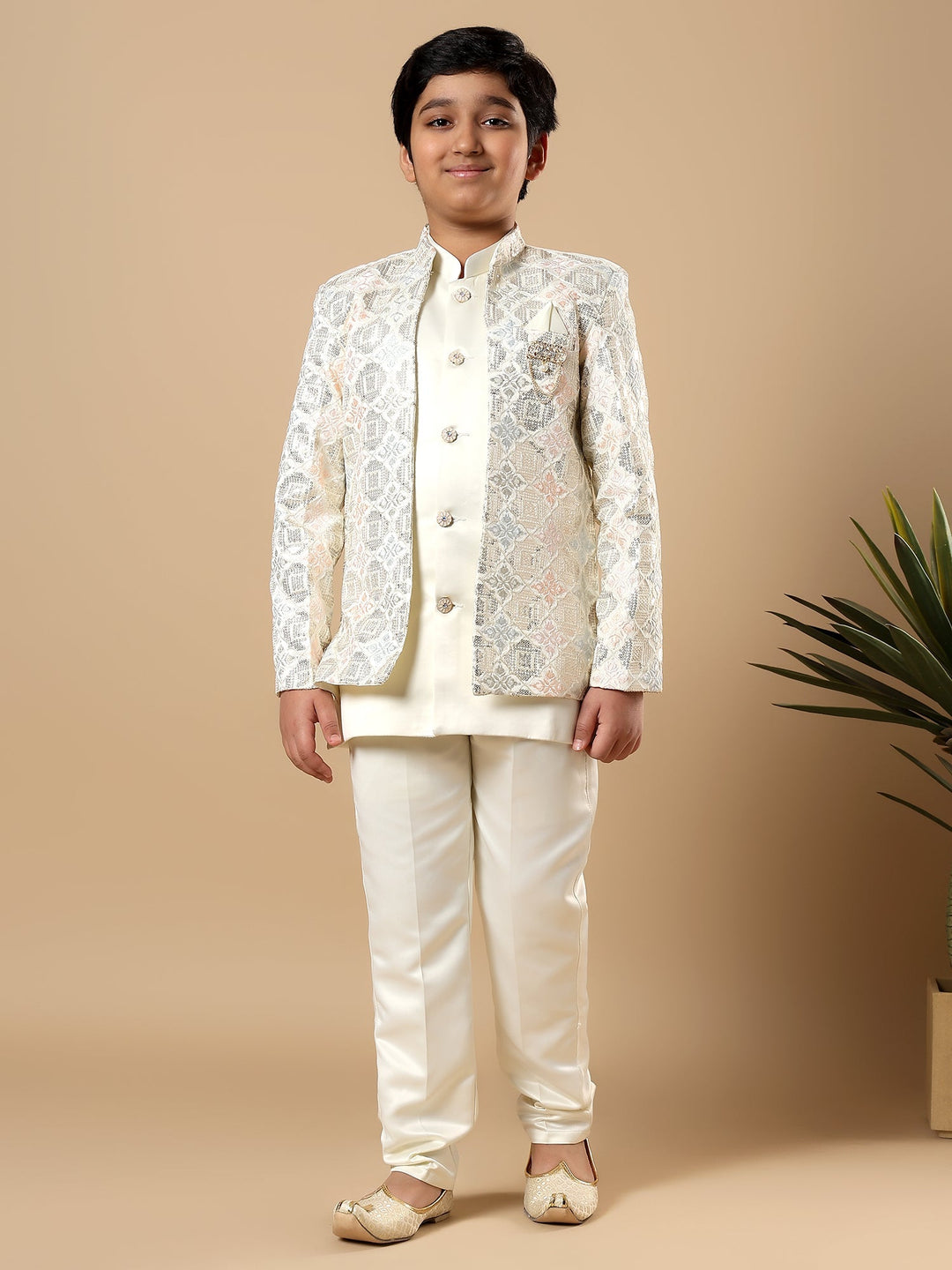Boys Satin Geometric Diamond Jaal Embroidered Sequined Sherwani Set with Trousers and Jacket - Ivory | SHOBITAM