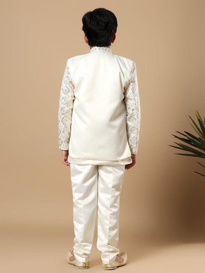 Boys Satin Geometric Diamond Jaal Embroidered Sequined Sherwani Set with Trousers and Jacket - Ivory | SHOBITAM