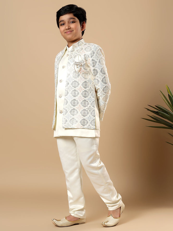 Boys Satin Geometric Diamond Jaal Embroidered Sequined Sherwani Set with Trousers and Jacket - Ivory | SHOBITAM