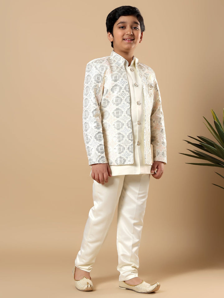 Boys Satin Geometric Diamond Jaal Embroidered Sequined Sherwani Set with Trousers and Jacket - Ivory | SHOBITAM