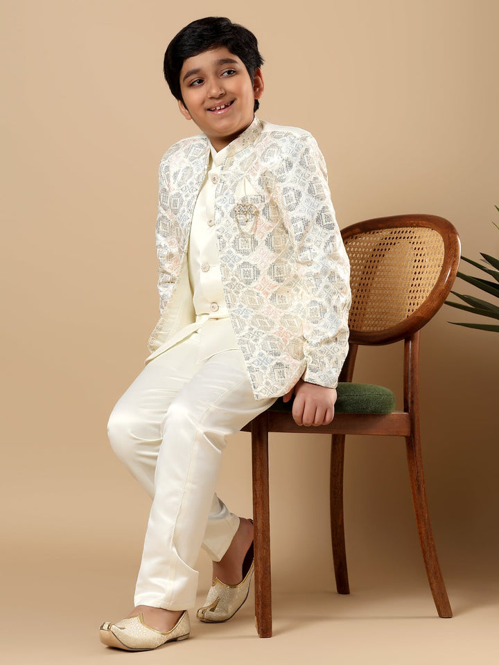 Boys Satin Geometric Diamond Jaal Embroidered Sequined Sherwani Set with Trousers and Jacket - Ivory | SHOBITAM