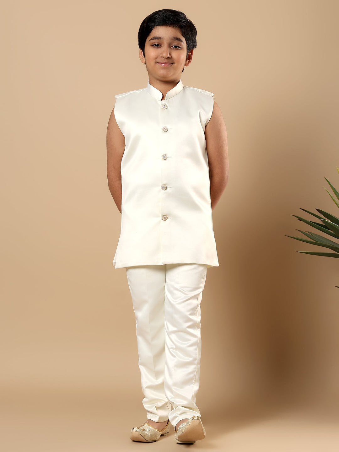 Boys Satin Geometric Diamond Jaal Embroidered Sequined Sherwani Set with Trousers and Jacket - Ivory | SHOBITAM